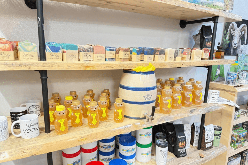 Display of goat milk soap, local honey, coffee, and more at Wind River Outpost in Lander, Wyoming