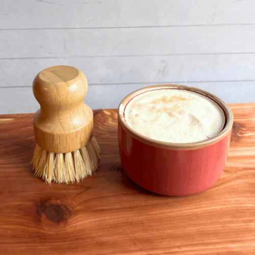 Dish soap set showing a bar of cold process basil and citrus dish soap in a red ceramic ramekin with a bamboo dish brush. Both are sitting on a cedar board with a white panel background.