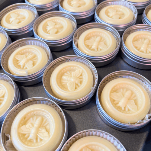 Process photo showing a tray of infused lotion bars, just after taking them out of the silicon mold and putting them into their reusable aluminum tins. The design on the bars is a bee, which comes from the silicon mold I use to make these.