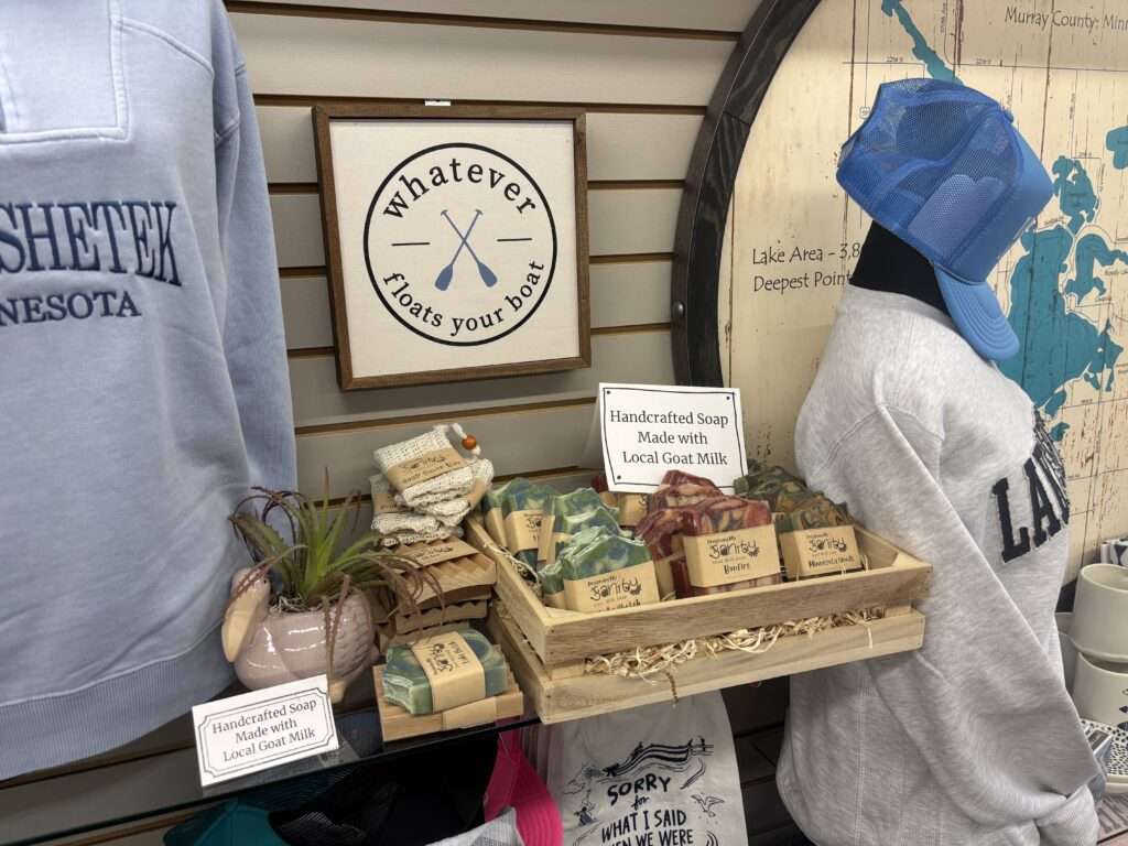 Display photo taken at The Hut Gift Shoppe in Slayton, MN showcasing a display of Preserving My Sanity goat milk soap.