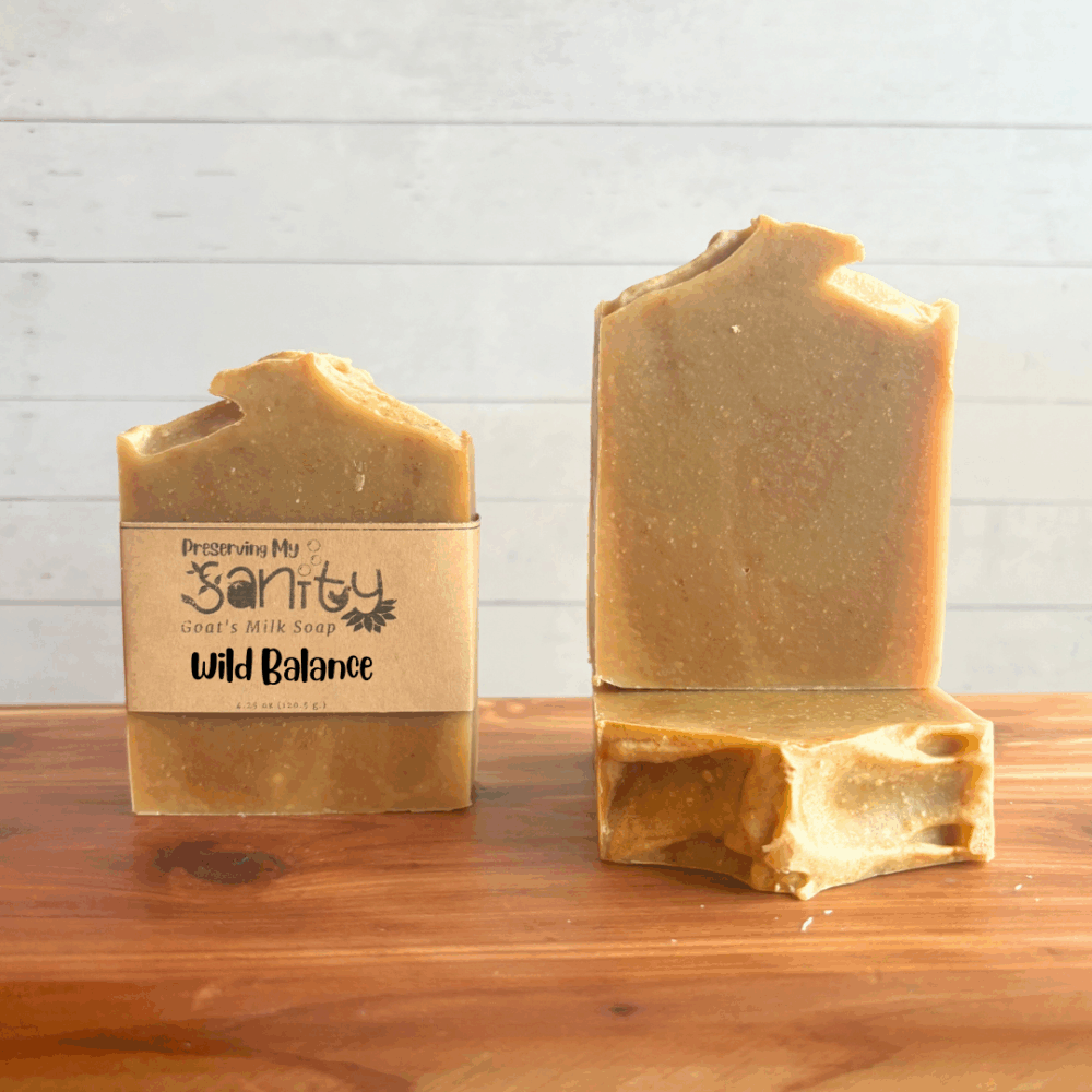 Three bars of Wild Balance goat milk soap, made with plant-based colorants, essential oils, and locally sourced Minnesota goat milk.