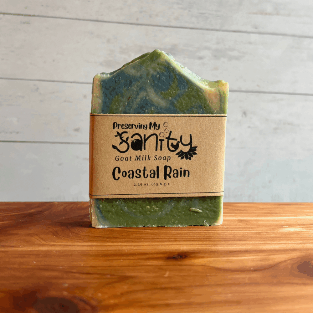 Single 2.25 ounce travel size bar of Coastal Rain goat milk soap by Preserving My Sanity displayed upright on a cedar bath board with a light paneled background. The handmade soap features swirling shades of ocean blue, sea green, and cream inspired by a fresh coastal scent blend with ocean mist, Argentina lemon, white tea, sea salt, lotus, cedarwood, and musk.