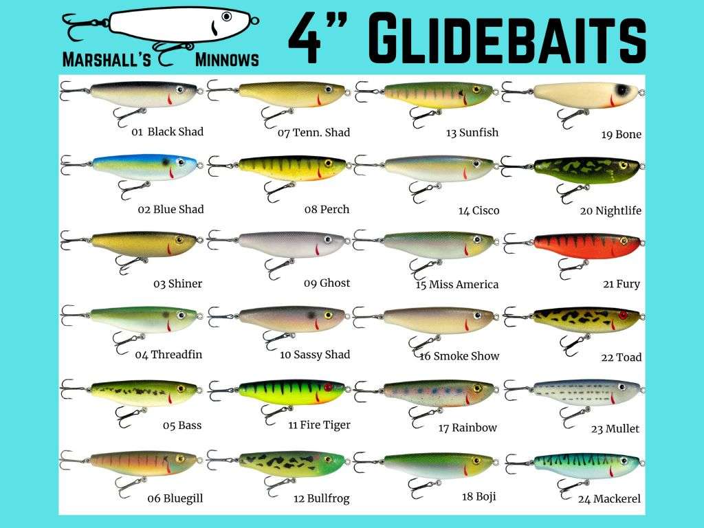 Marshall’s Minnows 4-inch glidebait color chart featuring 24 handmade fishing lure designs displayed in rows against a turquoise background. The chart includes labeled lure patterns such as Black Shad, Perch, Fire Tiger, Rainbow, Bass, Bullfrog, Mackerel, Nightlife, and more with each hand-carved lure showcasing detailed natural and bright color finishes.