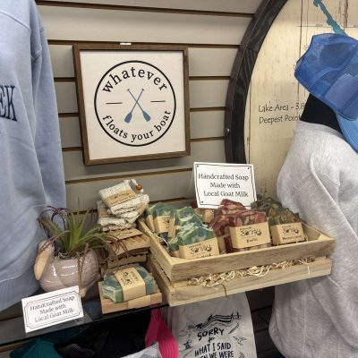 Display photo taken at The Hut Gift Shoppe in Slayton, MN showcasing a display of Preserving My Sanity goat milk soap.